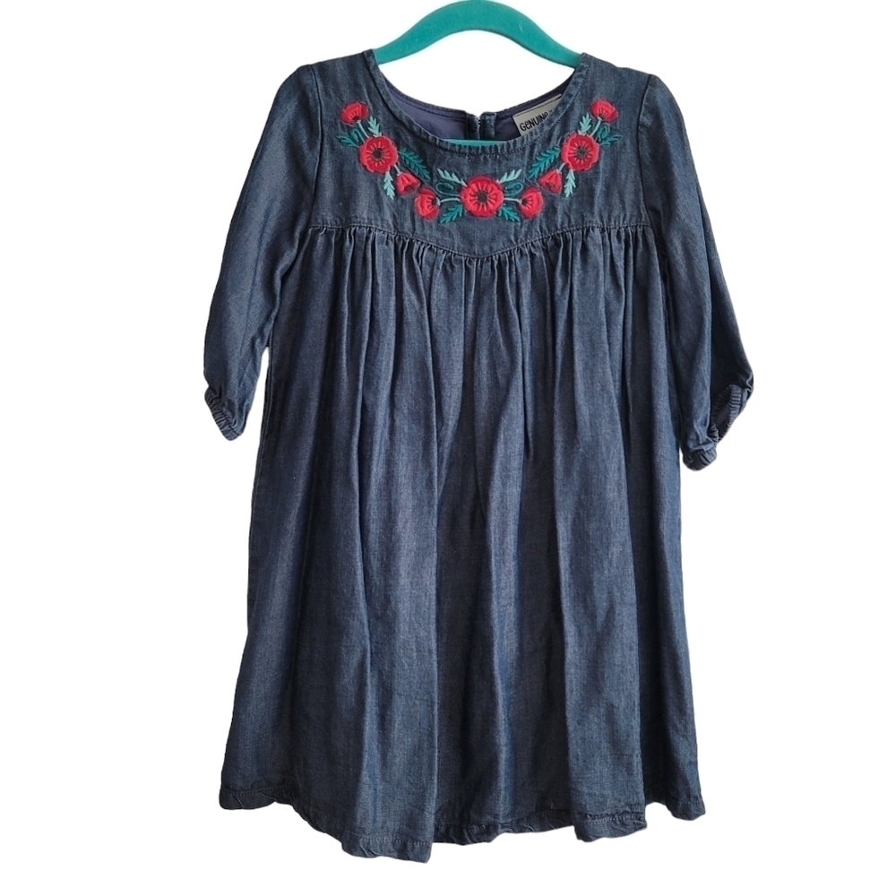 Genuine Kids 4T OshKosh‎ B'Gosh Dark Lyocell Embroidered Floral Chambray Dress